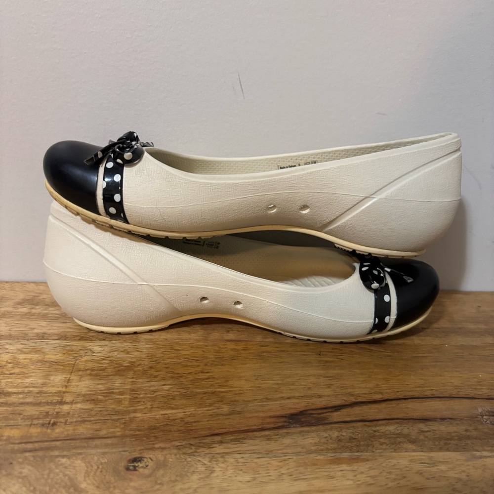 CROCS White and Black Ballet Flats with Polka Dot Bow - Picture 9 of 14